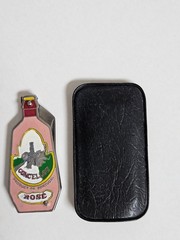 VINTAGE MINI CLOISONNE FIGURAL KNIFE Portugal CONCELLOS Rose WINE BOTTLE w/case