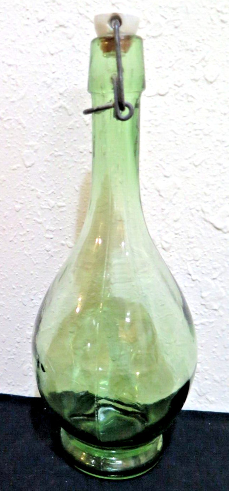 Antique Large Emerald Green 12&Prime; Wine Bottle blown bubbles footed wire stopper