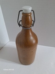 Vintage Stoneware Beer Bottle & Lancers Portugal Wine Bottle Painted Glass