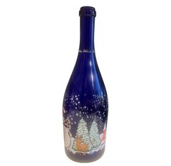 Villa Jolanda Moscato Cobalt Blue Wine Bottle w Winter Holiday Scene 11.5” Tall