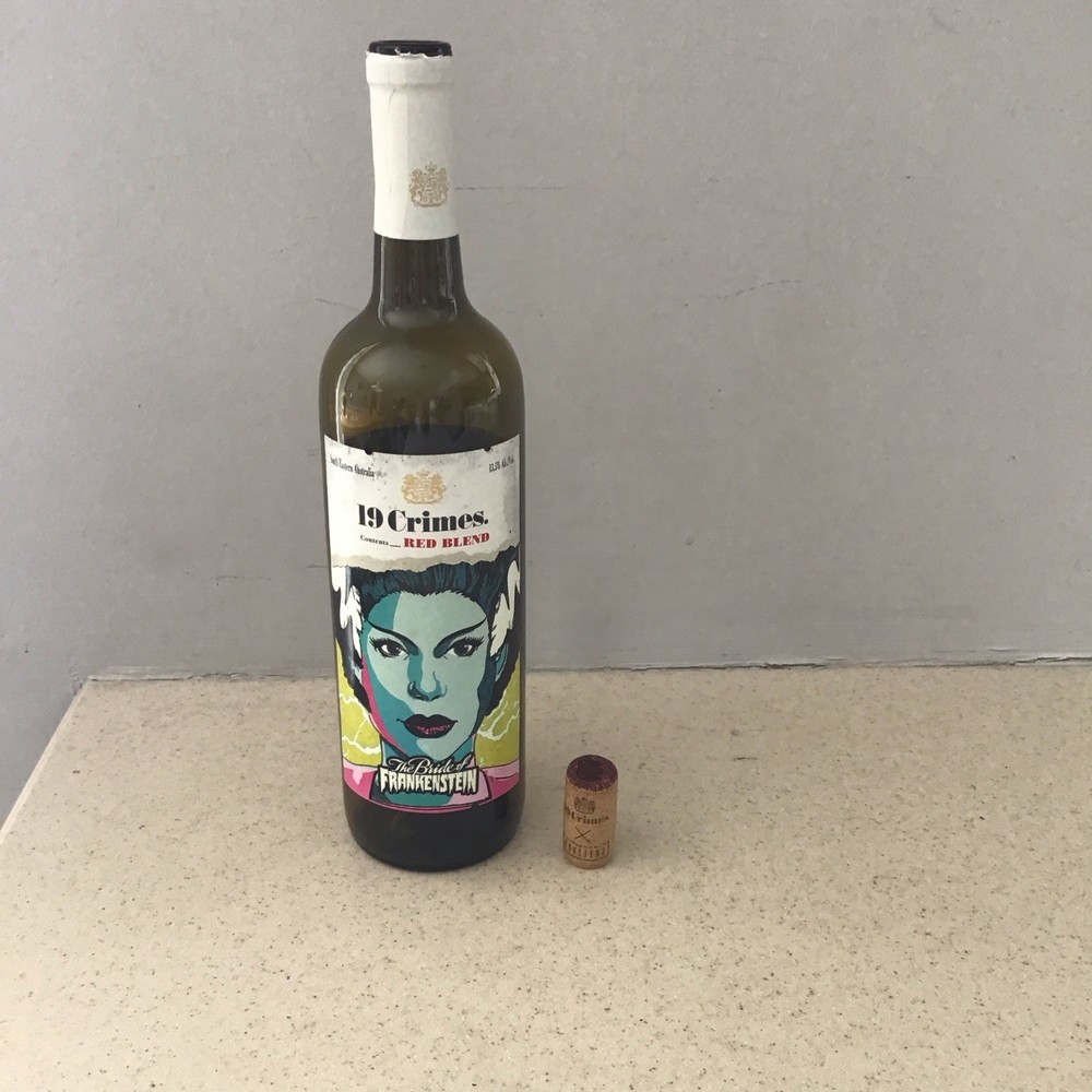 EMPTY 19 CRIMES BRIDE OF FRANKENSTEIN WINE BOTTLE GID LABEL HALLOWEEN