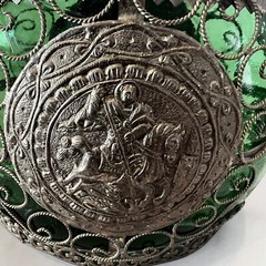 ANTIQUE 9.5” FILIGREE Wrapped Emerald GREEN GLASS Decanter