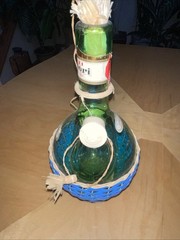 1963 Chianti Italian Wine Green Glass Decanter & Blue Wicker Basket Labels Rare