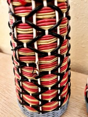 VTG MCM 2 Wicker Wrapped Scoubidou Wine Bottles Multicolor 15 & 17” Tall