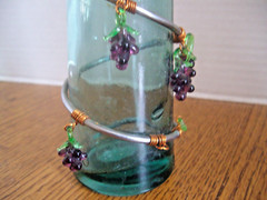VINTAGE GREEN WINE BOTTLE / VASE Decorated w/Metal, Copper & Plastic Grapes