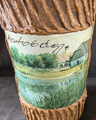 Hungarian Hortobagy Scene Wine Bottle Faux Bark Wood Covered Bottle Used Vintage