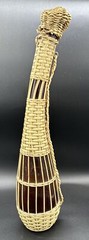 Vintage Brown Glass Wine Bottle Curved Long Neck Wood Base Vinyl Wicker 17.5”H