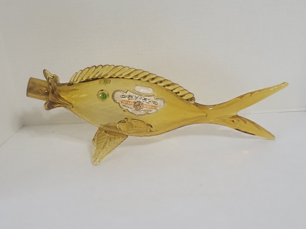 Vintage Italian Handblown Amber Crackle Glass Orvieto Wine Fish Decanter – EMPTY