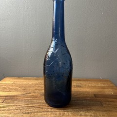 VTG Cobalt Blue European Wine Bottle With Embossed Grapes And Leaves 12” X 3.25”