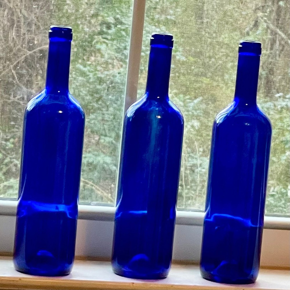3 Cobalt Blue 750ml Glass Wine Bottles, Whimsy. Bottle Tree Whimsy decor Spirits