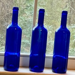 3 Cobalt Blue 750ml Glass Wine Bottles, Whimsy. Bottle Tree Whimsy decor Spirits