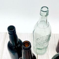 Lot of 13 Atq Vtg Colored Green Clear Amber Wine Beer Booze Bottles Decor