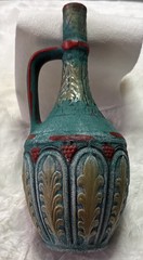 Ceramic Empty Wine Bottle Decor, Signed Beautiful Turquoise And Red