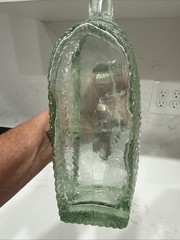 Vintage Wine Bottle Decanter Basket Pattern Greenish Hue With Deer Stopper