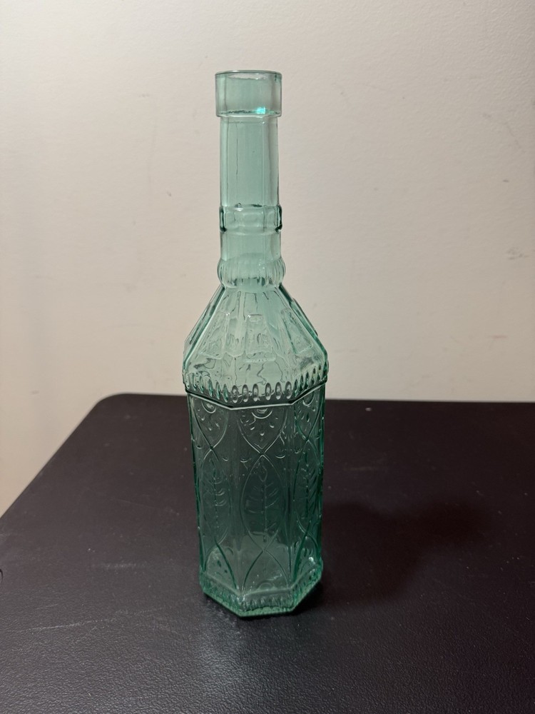 Teal Color Glass Wine or Oil Bottle, Owl Cork, Fish Design, 11.75” Tall