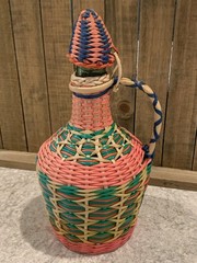 Vintage Green Viresa Glass Bottle Wrapped In Colorful Plastic Wicker 9.5” Tall