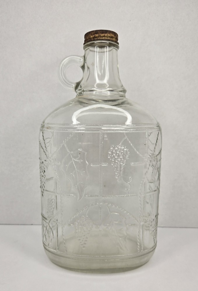 Vtg 1/2 Gal. Glass Wine Decanter Embossed Grape/Vine Design Bottle w/Lid Handle