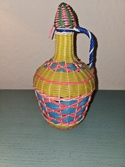 Vintage Mid Century Viresa Green Glass Bottle Woven With Rattan