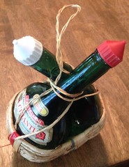 Vintage, Double Wine Bottles (empty), Wicker Wrapped. Unusual! 10&Prime; tall, Italy