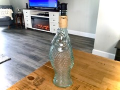 VINTAGE BLUE GREEN FISH ITALIAN GLASS BOTTLE WINE BOTTLE DECANTER w/ STOPPER 14&Prime;