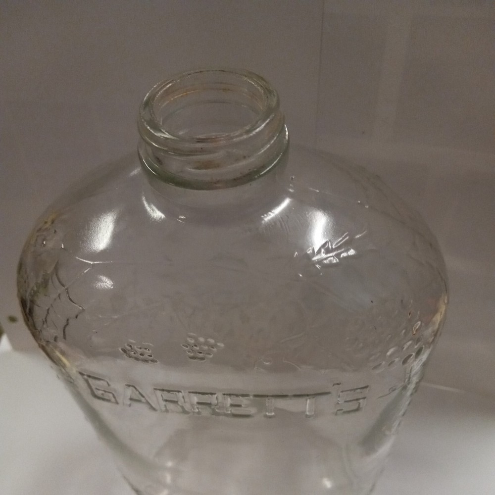 Vtg Garretts American Wines Clear Glass 1/2 Gal Bottle Decanter Embossed Grapes