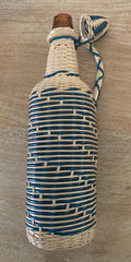Vintage 1970s FRENCH WICKER-WRAP WINE BOTTLE Parisian Blue/Cream Plastic Vintner