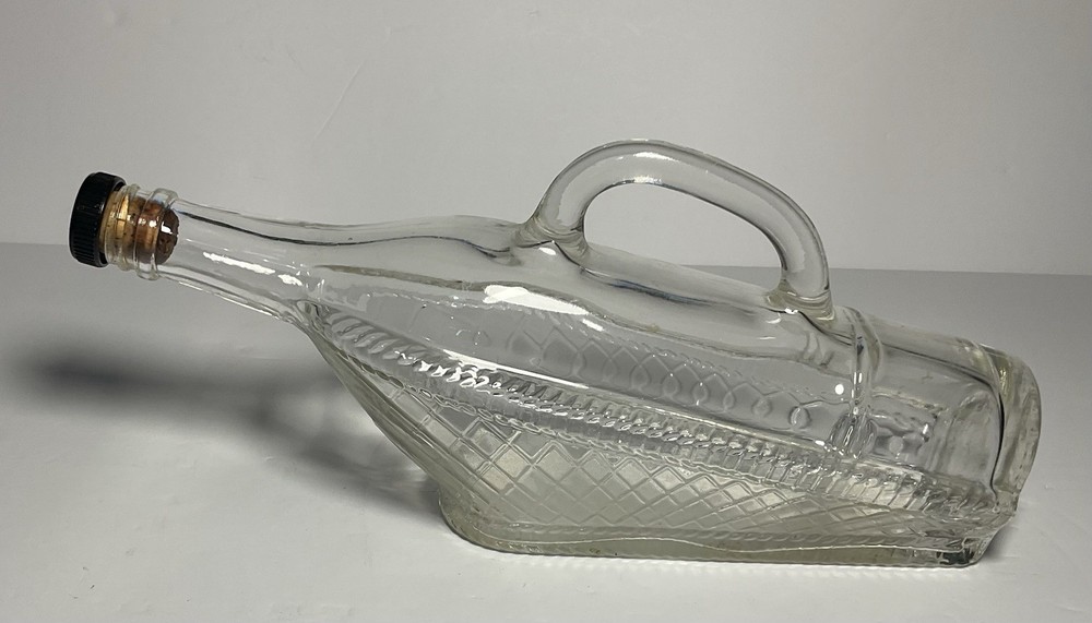 1966 London Winery Ltd Boat in Glass Wicker Basket Wine Bottle, With Handle