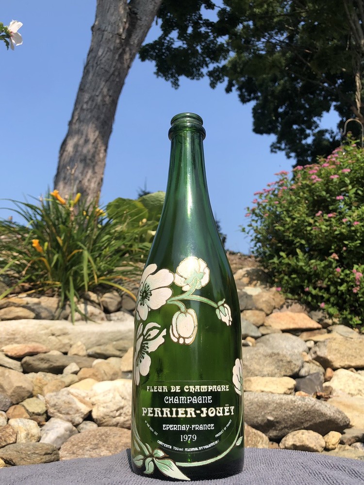 Vintage 1979 Perrier Joet Hand Painted Flower Champagne Green Glass Bottle Empty