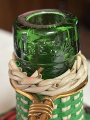 Vintage Viresa Labeled Spain Wine Bottle Plastic Woven Wicker Metal Handle 12”H