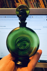 Vintage French DECO Emerald Green Wine Bottle/ Stopper MONTESQUIOU signed empty
