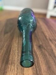 Vintage Teal Glass Bottle 11.25&Prime;H Grape Motif Spanish Glass Wine Carafe