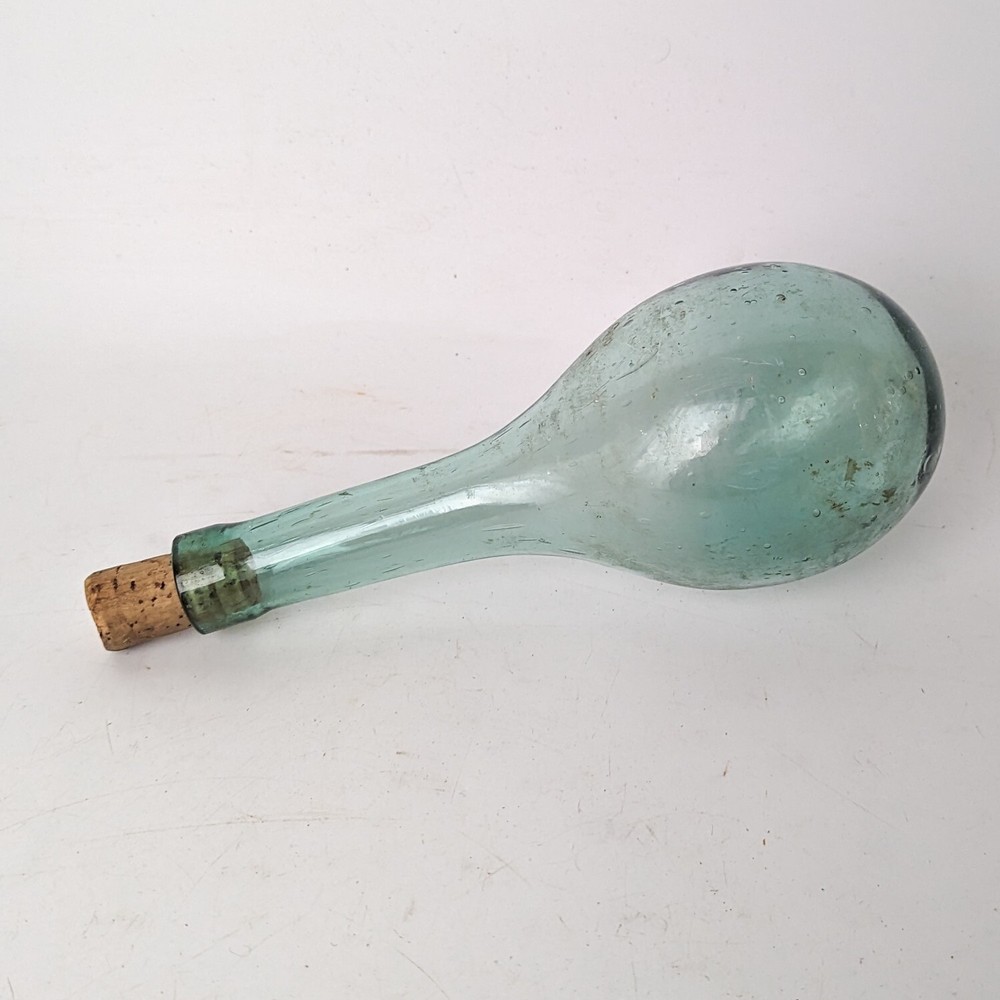 Antique Hand Blown Glass Round Bottom Bulb Wine Bottle Flask Aqua Vtg