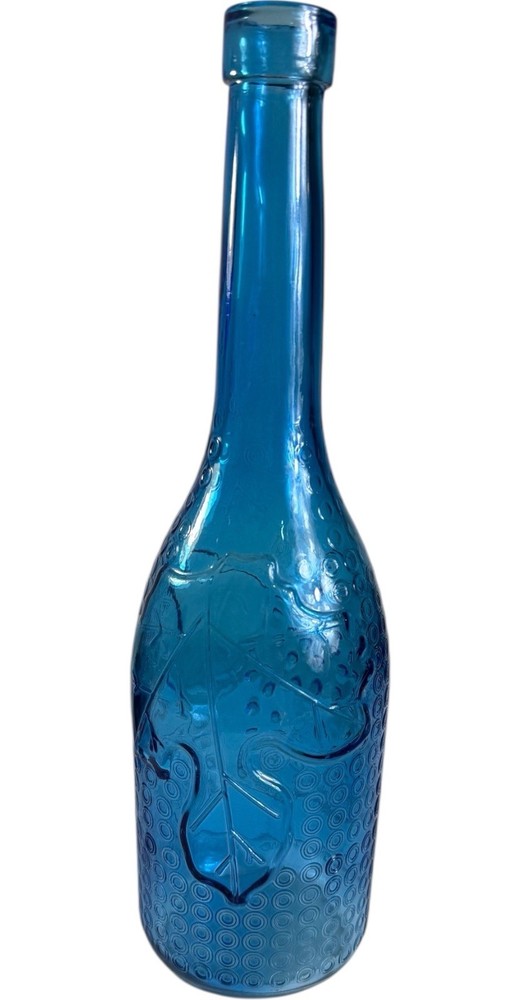 AM Cobalt Blue Glass Wine Bottle with Grapes and Leaves 11.75&Prime; Decorative Art