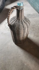 Antique Wicker Wrapped Aqua Glass Demijohn Wine Bottle 15” Tall French Farmhouse