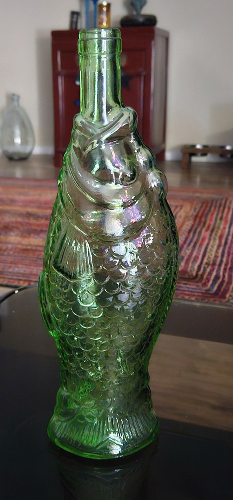 Vintage Italian Green Glass Fish Shaped Bottle Decanter 13&Prime;