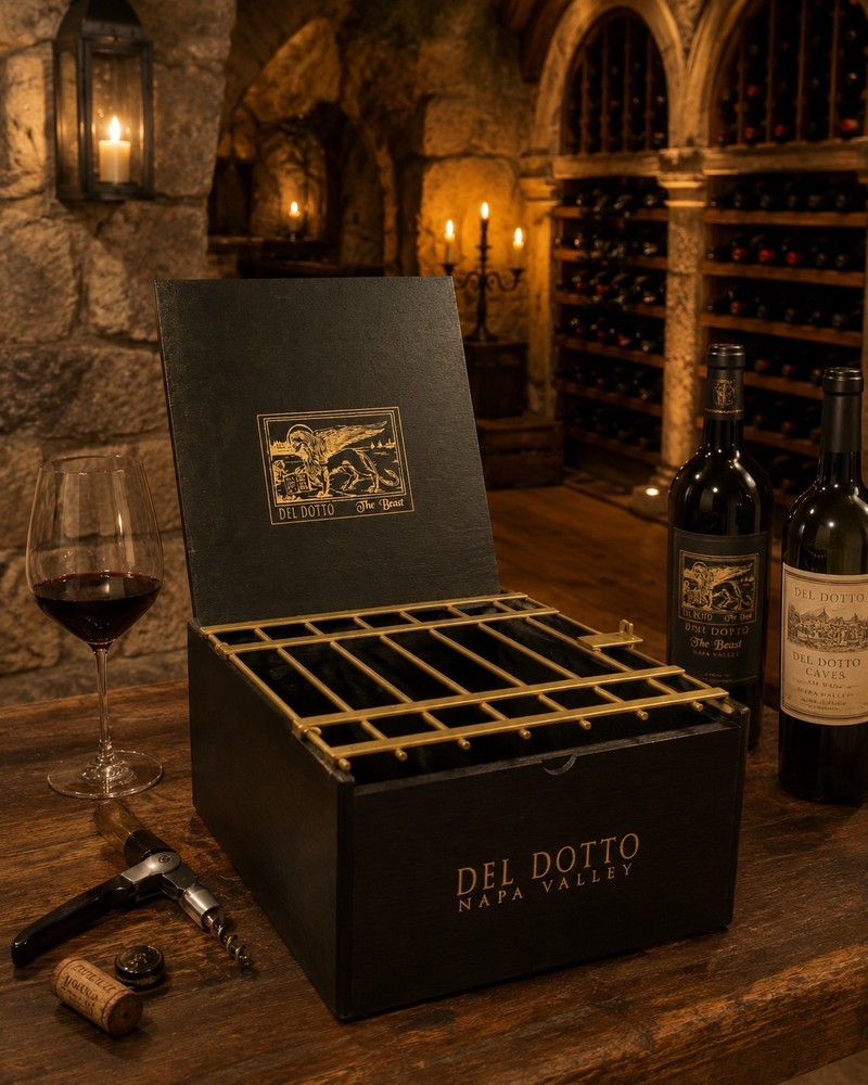 Del Dotto ‘The Beast’ luxury wine presentation box, black w/ gold grille/cage