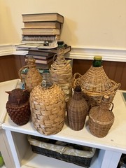 VTG Wicker Rattan Wrapped Large Green Glass Wine Bottles With Handle