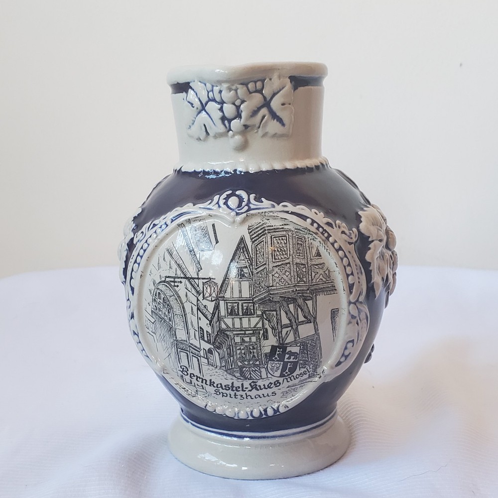 German Stoneware Bernkastel-Kues Wine Jug Cobalt Blue & White 6 Inch Tall