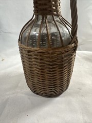 Old Glass Bubble Wicker Wrapped Bottle With Metal Screw Cork 10” Denver Antique