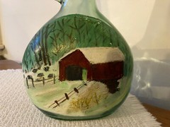 Hand Painted Winter Covered Bridge on Half Gallon Glass Jug Wine Bottle Folk Art
