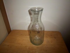 Clear-blue/green Glass Wine Carafe 10&Prime; Vtg Paul Masson Since 1852, bldg on front