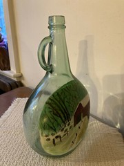 Hand Painted Winter Covered Bridge on Half Gallon Glass Jug Wine Bottle Folk Art