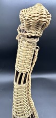 Vintage Brown Glass Wine Bottle Curved Long Neck Wood Base Vinyl Wicker 17.5”H