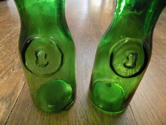 Vtg lot 2 Emerald Green Mold Blown Glass Wine 6&Prime; Carafe Seal Bottle 1/2 Litre