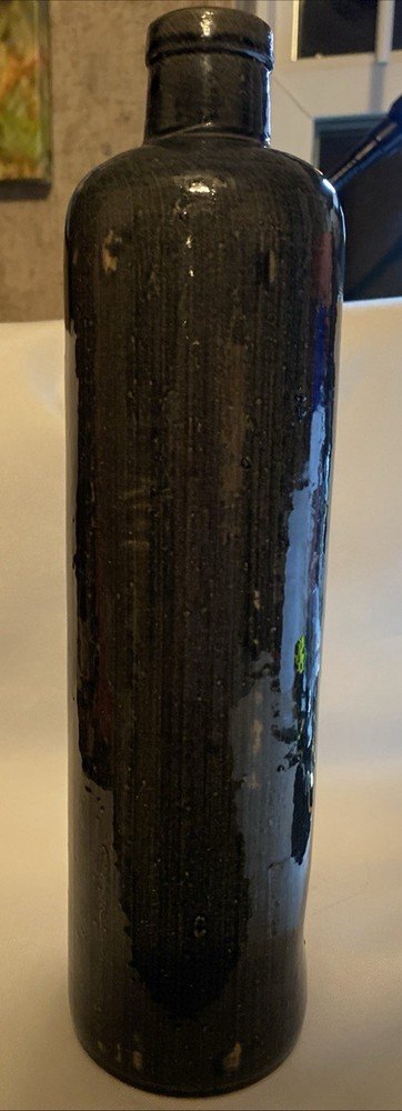Salt Glazed Beameister Wine Bottle 11.25 Tall Dark Green, Ivory & Black 1960-70s