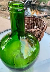 Vintage Emerald Green Glass Demijohn Wine Bottle in Wicker Basket Glass Carboy
