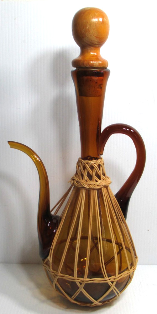 Vintage Hand-Crafted Glass Porron Pitcher Decanter Amber Rattan Spain 15 3/8&Prime; T