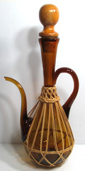 Vintage Hand-Crafted Glass Porron Pitcher Decanter Amber Rattan Spain 15 3/8&Prime; T