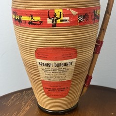 Vintage Spanish Burgundy Wine Bottle Rattan Wrapped With Handle & Cork MCM HTF