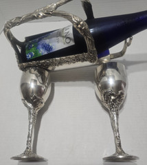 Vtg GodInger Silver Wine bottle Holder/Extender Two Matching Goblets